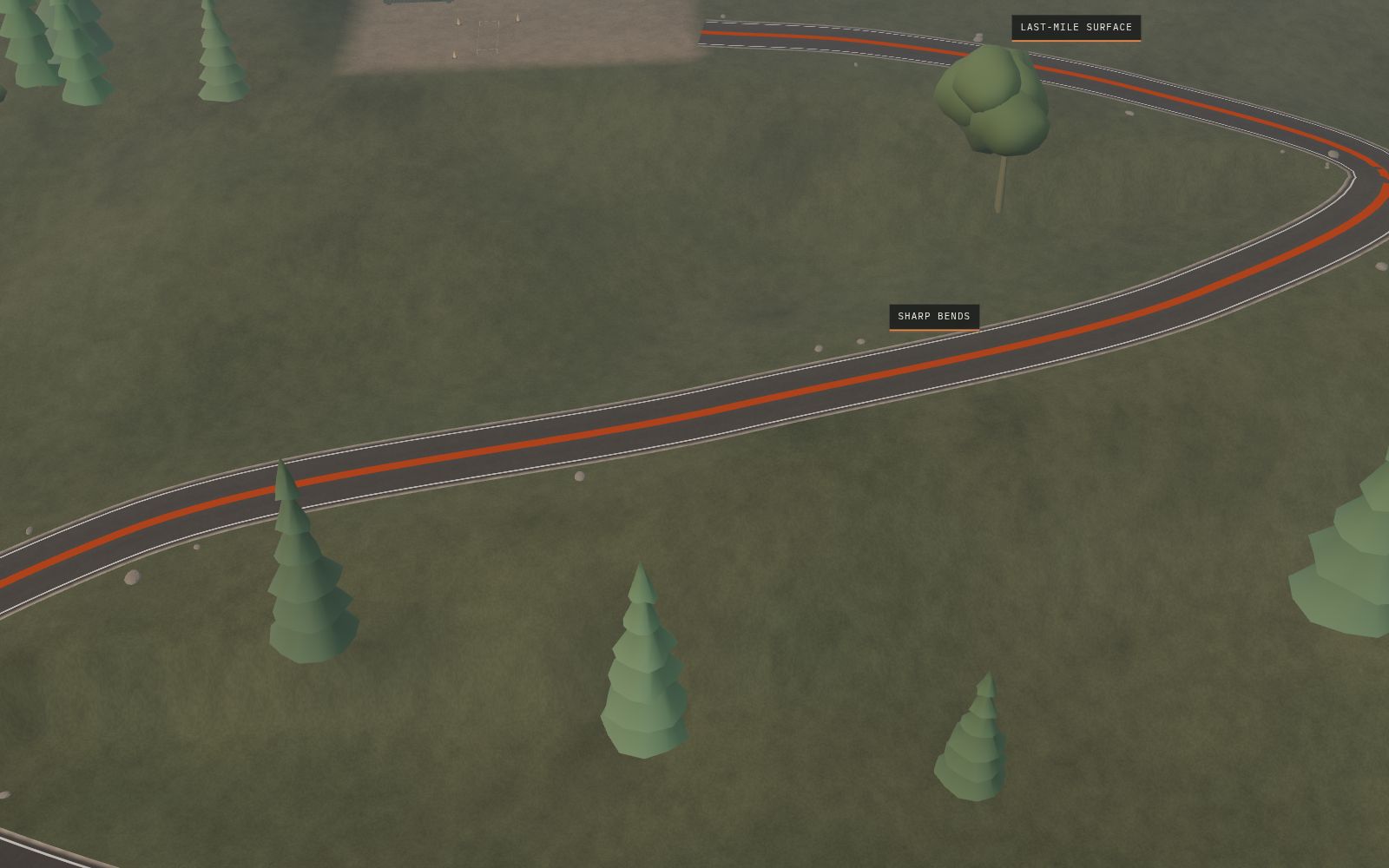 Aerial 3D illustration of a winding hill access road traced from the construction site down to the foot of the hill.