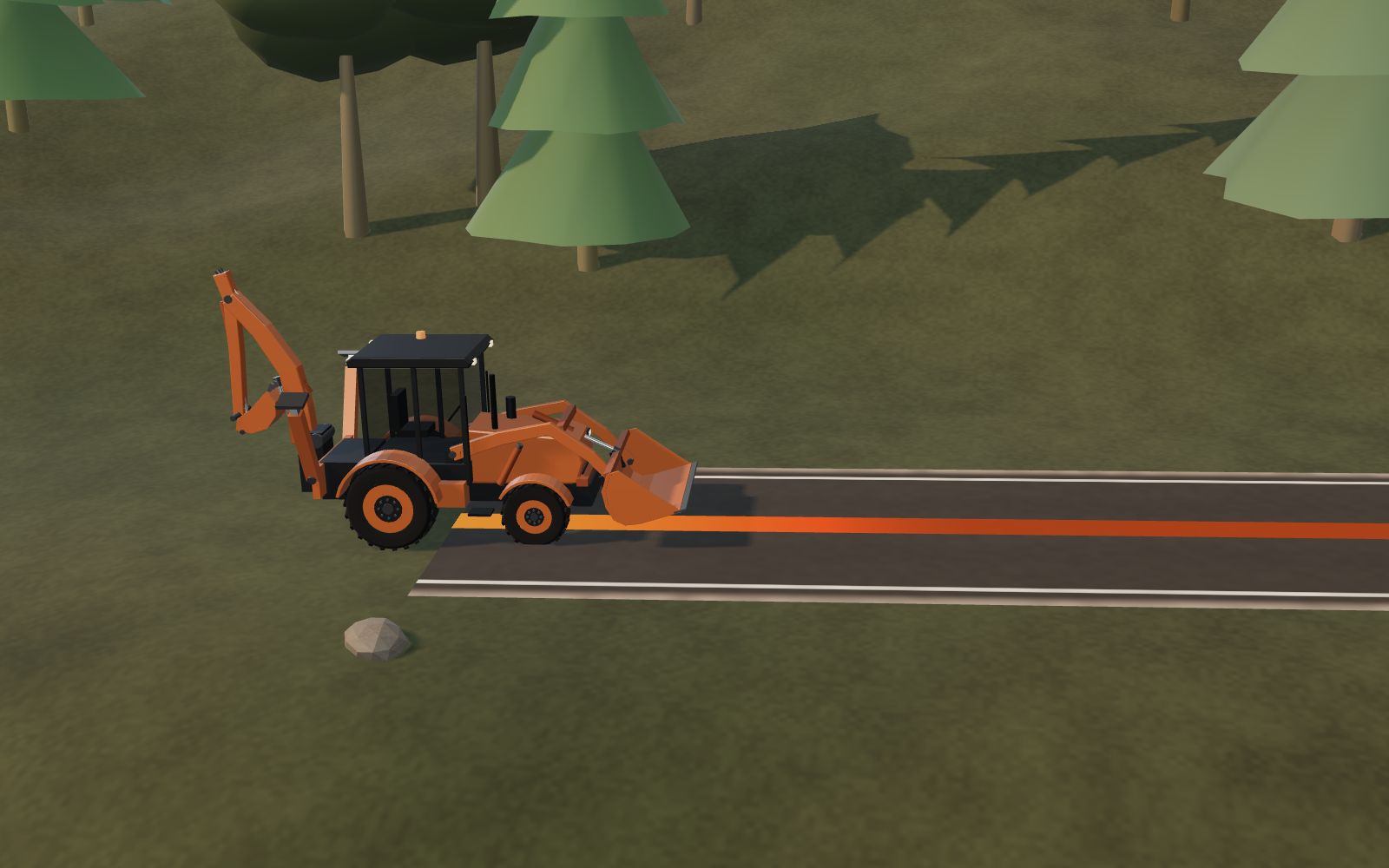 3D illustration of a rental backhoe loader at the foot of a hill road, ready to travel to the site.
