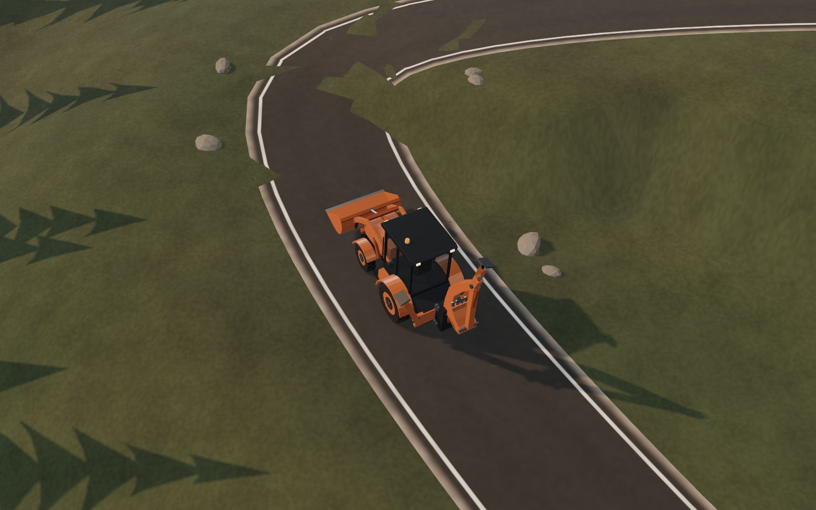 3D illustration of a backhoe loader driving up a hairpin bend on a hill road to reach the site.