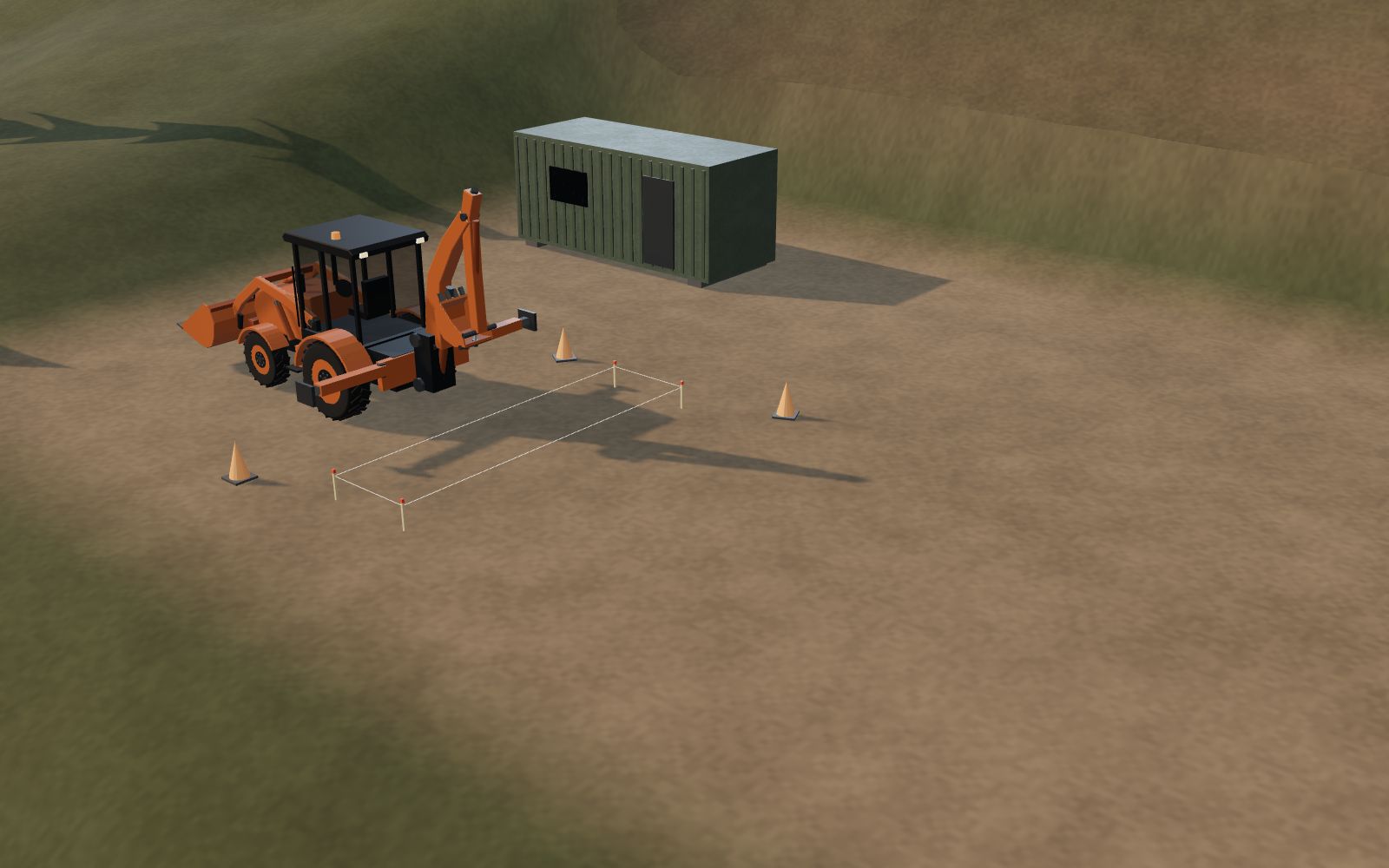 3D illustration of a backhoe loader set up on a hillside construction plot with its stabilisers lowered.