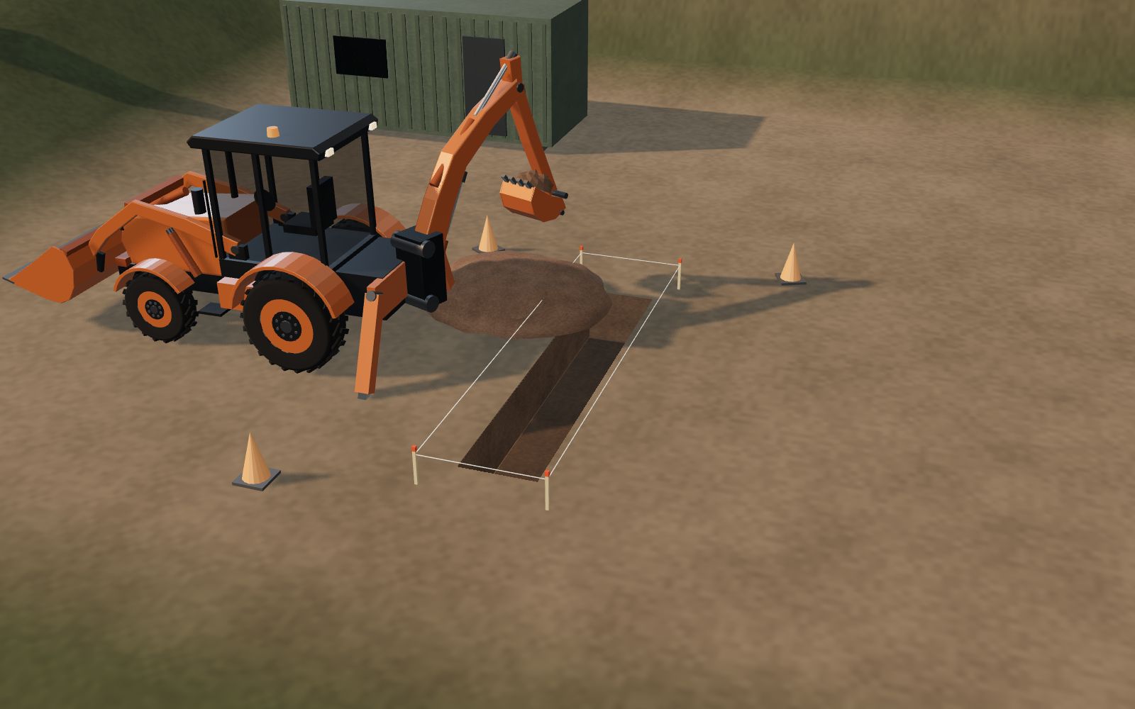 3D illustration of a backhoe loader digging a foundation trench along the setting-out lines, with spoil beside it.