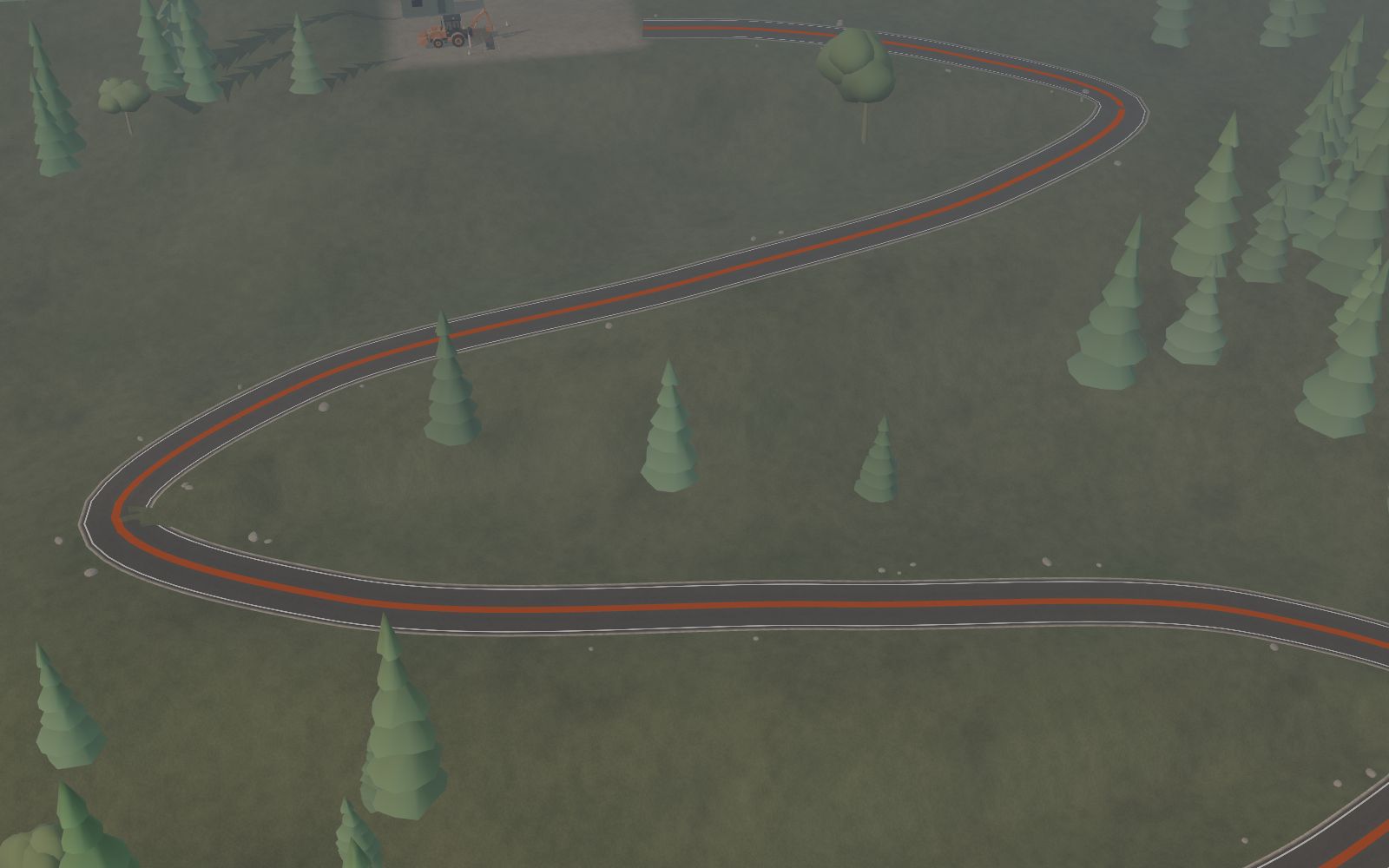 Wide aerial 3D illustration of the winding hill road leading to the working construction site.