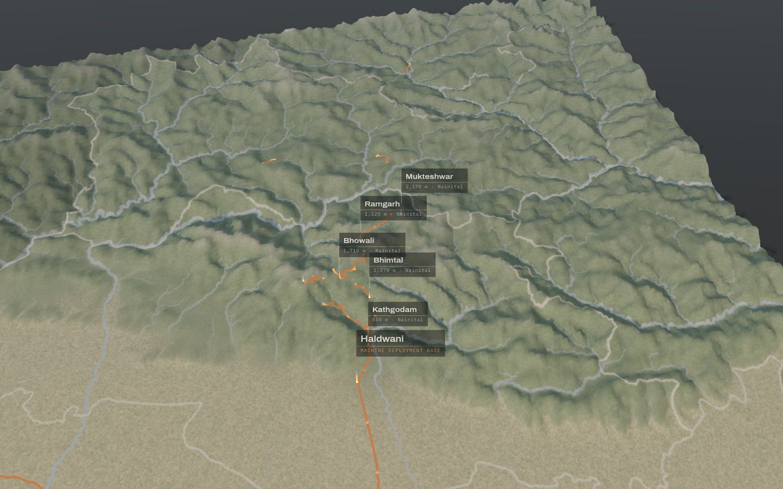 3D terrain map of Kumaon with backhoe loader rental delivery routes running from Haldwani to the hill towns served.
