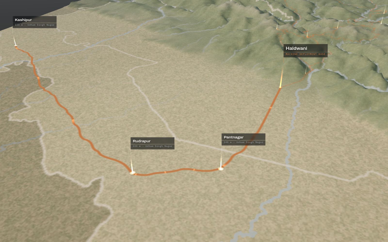 3D terrain map of the Terai plains showing routes from Haldwani to Pantnagar, Rudrapur and Kashipur.