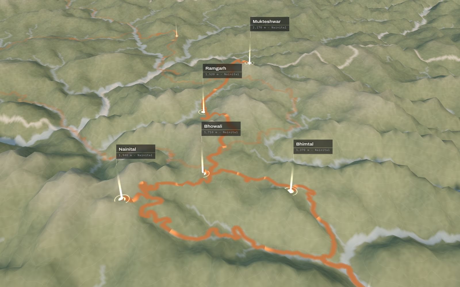 3D terrain map of the Nainital lake district hills with routes to Bhimtal, Bhowali, Nainital, Ramgarh and Mukteshwar.