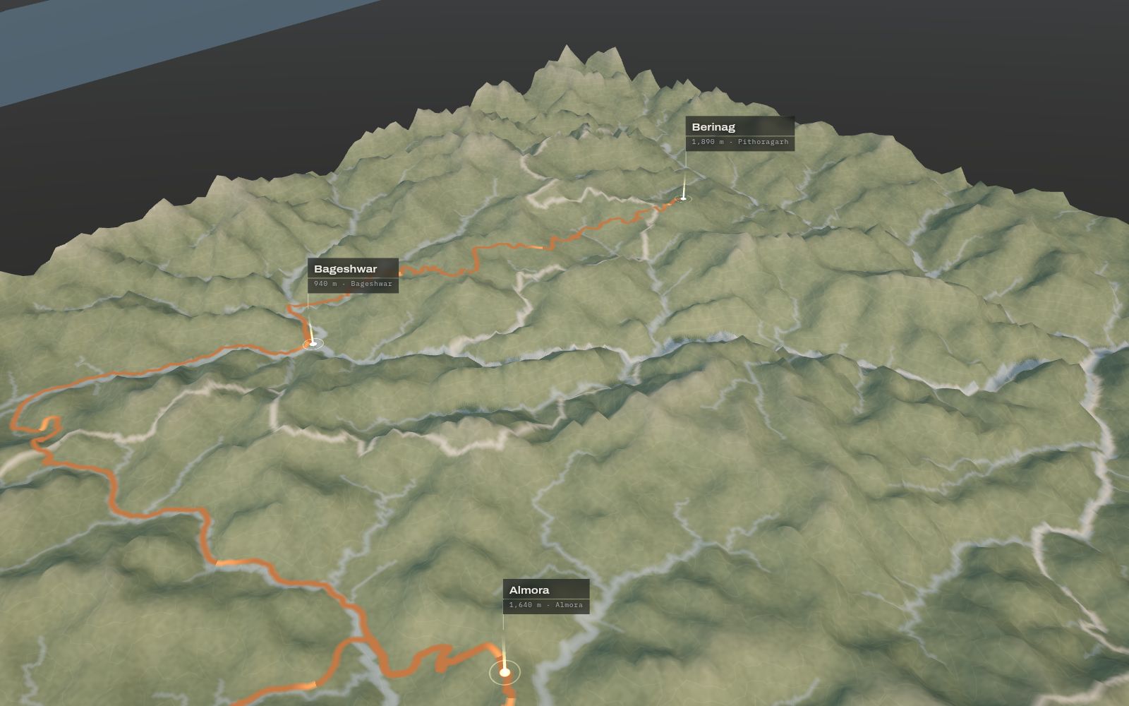 3D terrain map of the inner Kumaon hills with routes to Almora, Bageshwar and Berinag.