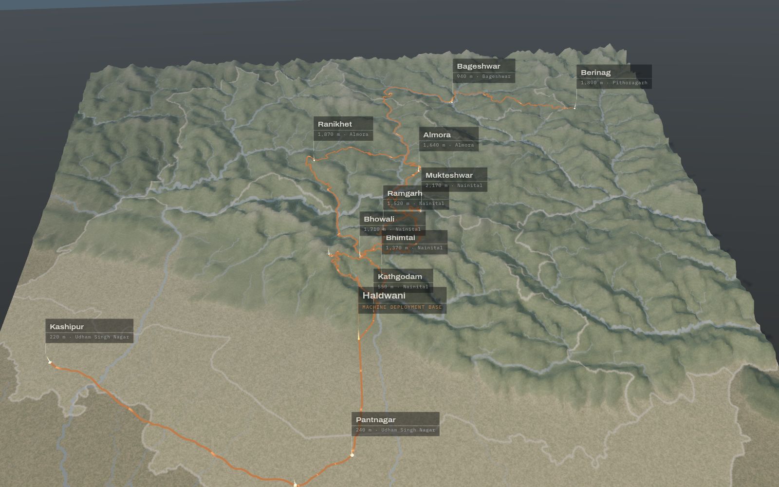 3D terrain map of the full Kumaon service area, with routes from Haldwani to towns across the plains and hills.