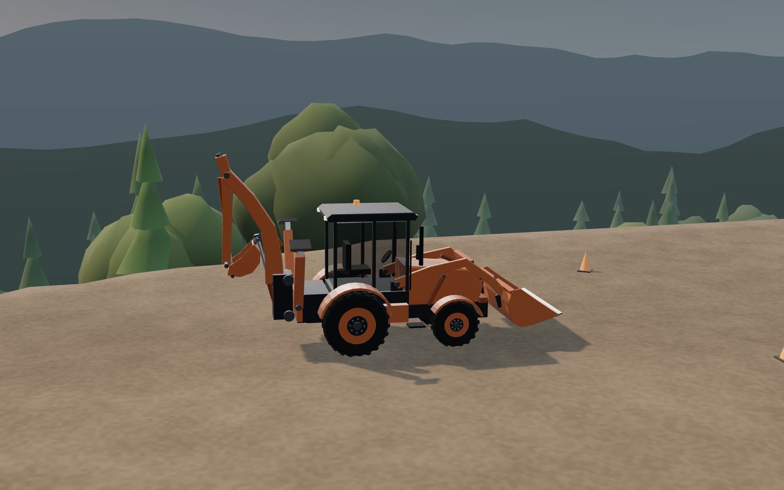 3D illustration of a backhoe loader driving onto a hillside building plot, showing its front loader bucket and rear backhoe arm.