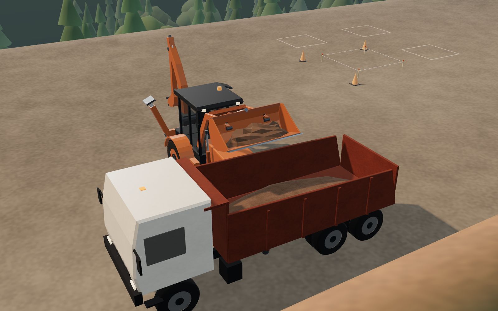 3D illustration of a backhoe loader’s front bucket raised over a tipper truck, loading excavated soil.