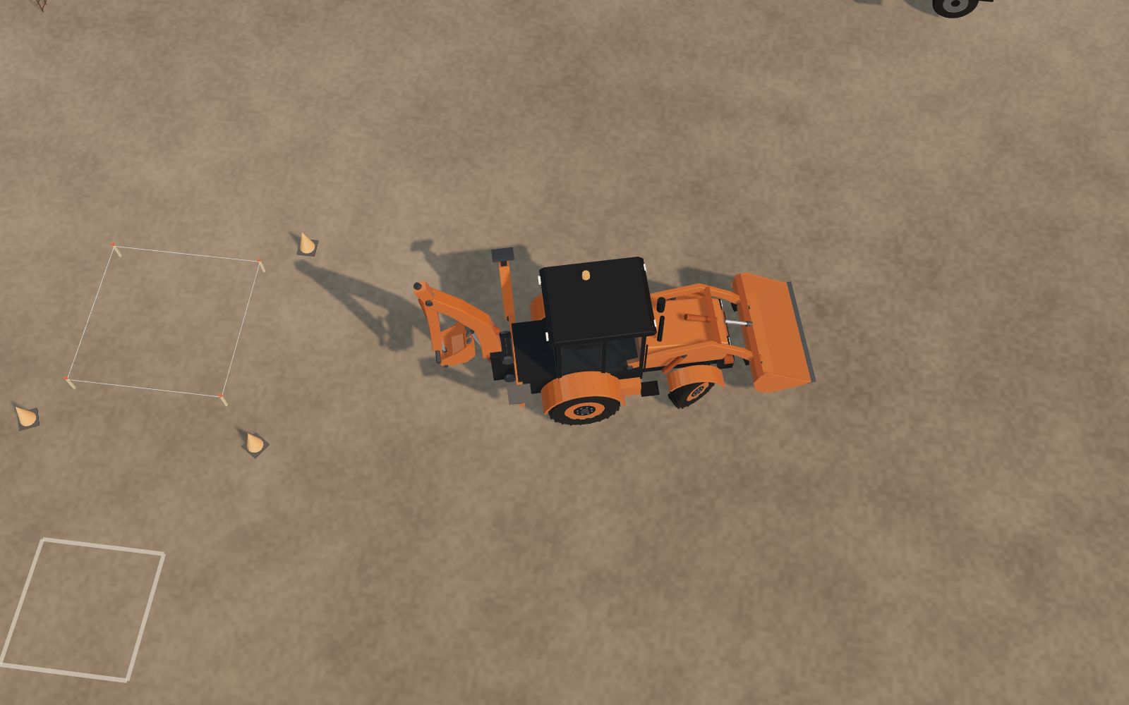 Top-down 3D illustration of a backhoe loader turning within a tight construction plot.