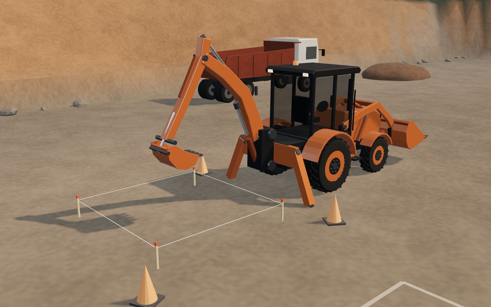 3D illustration of a backhoe loader with stabiliser legs lowered and the backhoe arm unfolding before excavation.