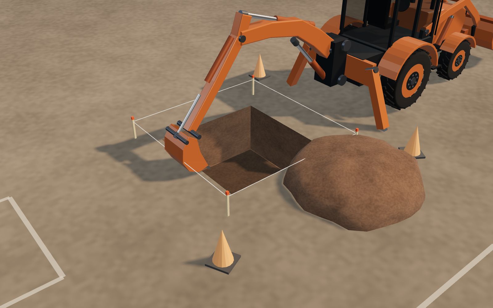 3D illustration of a backhoe loader digging a square foundation footing pit, with spoil piled beside it.