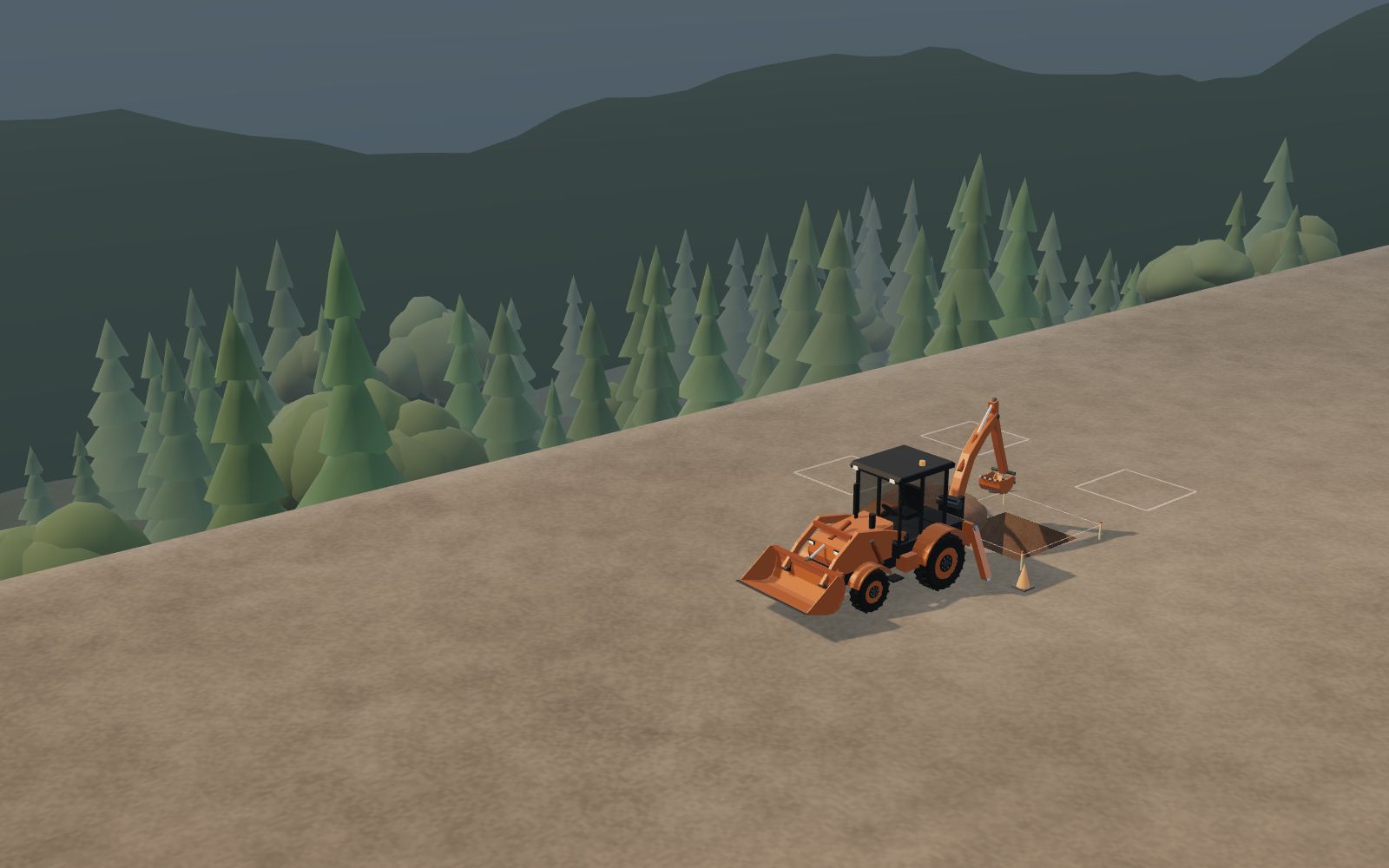 Aerial 3D illustration of a backhoe loader beside a finished footing pit on a hillside construction plot.
