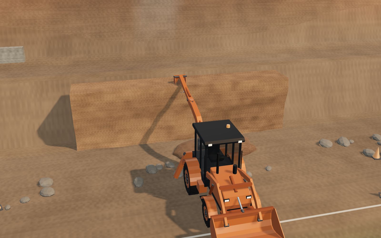 3D illustration of a backhoe loader on a bench cut into a hillside, pulling down the cut face during hill-cutting work while spoil builds at the toe.