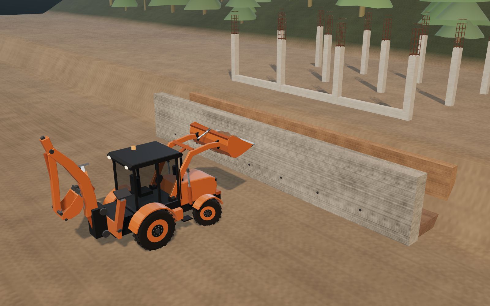3D illustration of a backhoe loader back-filling soil behind a retaining wall on a building site, with concrete columns on the terrace above.