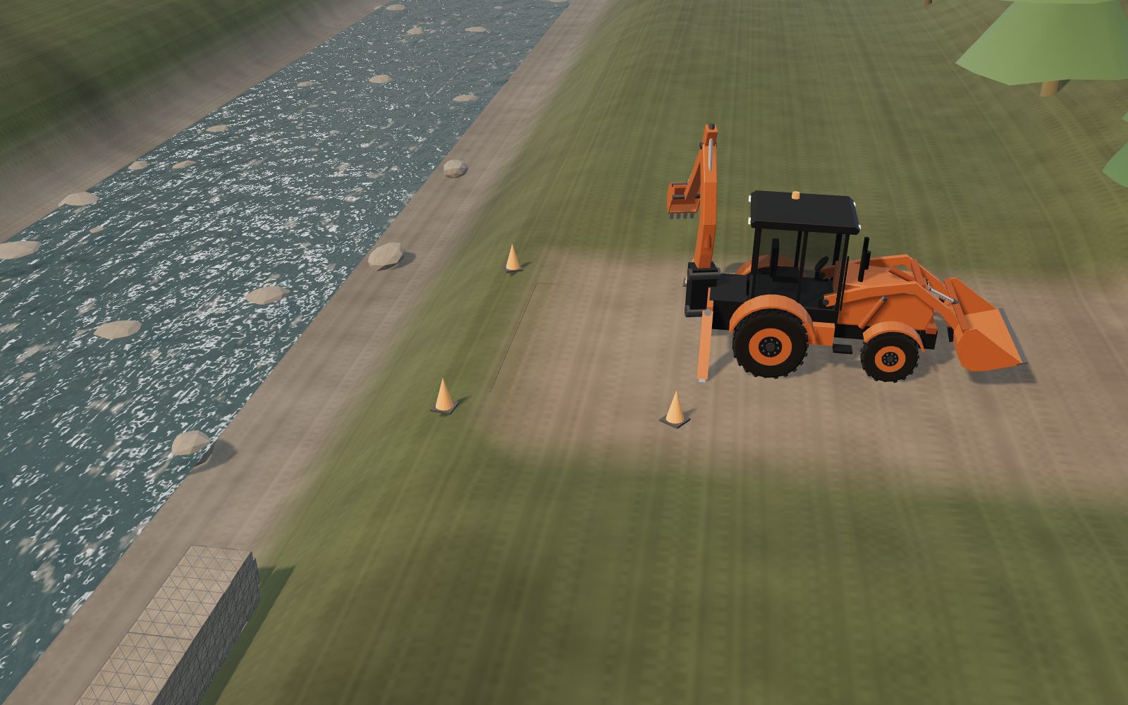 3D illustration of a backhoe loader digging a bridge abutment pit on a riverbank beside gabion walls.