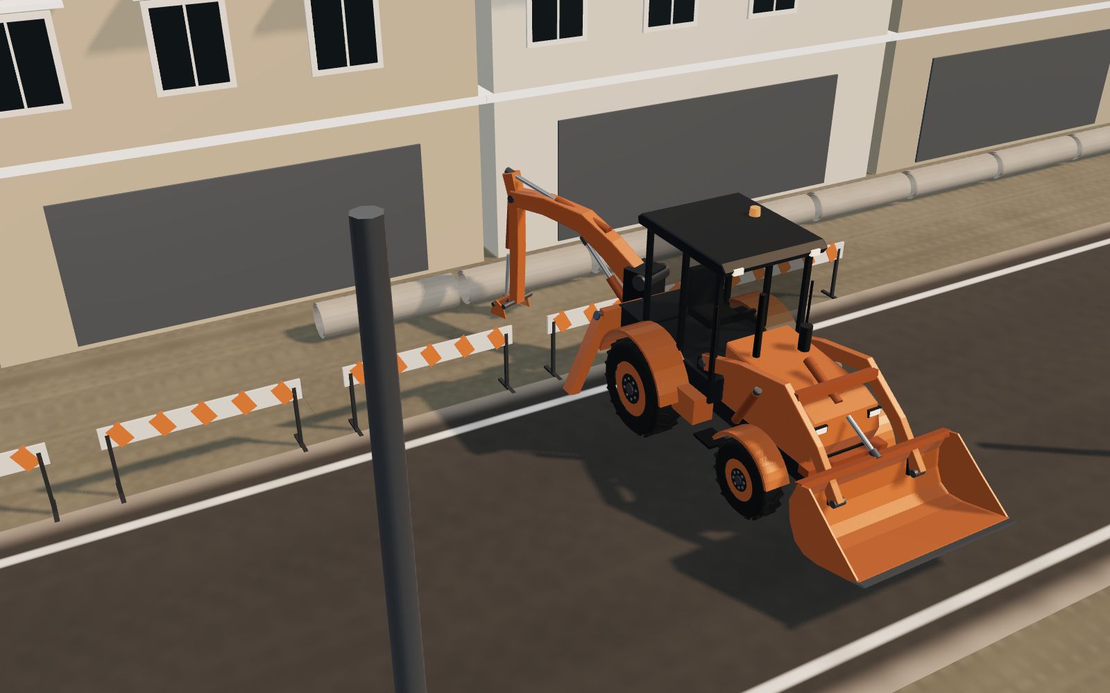 3D illustration of a backhoe loader digging a utility pipeline trench along a town road between barricades, with pipes laid out on the verge.