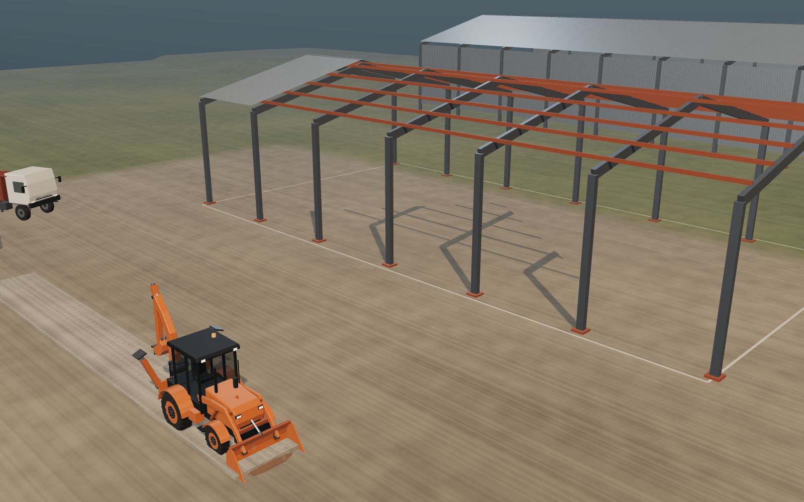 3D illustration of a backhoe loader levelling ground on an industrial plot while a steel portal-frame shed is erected.