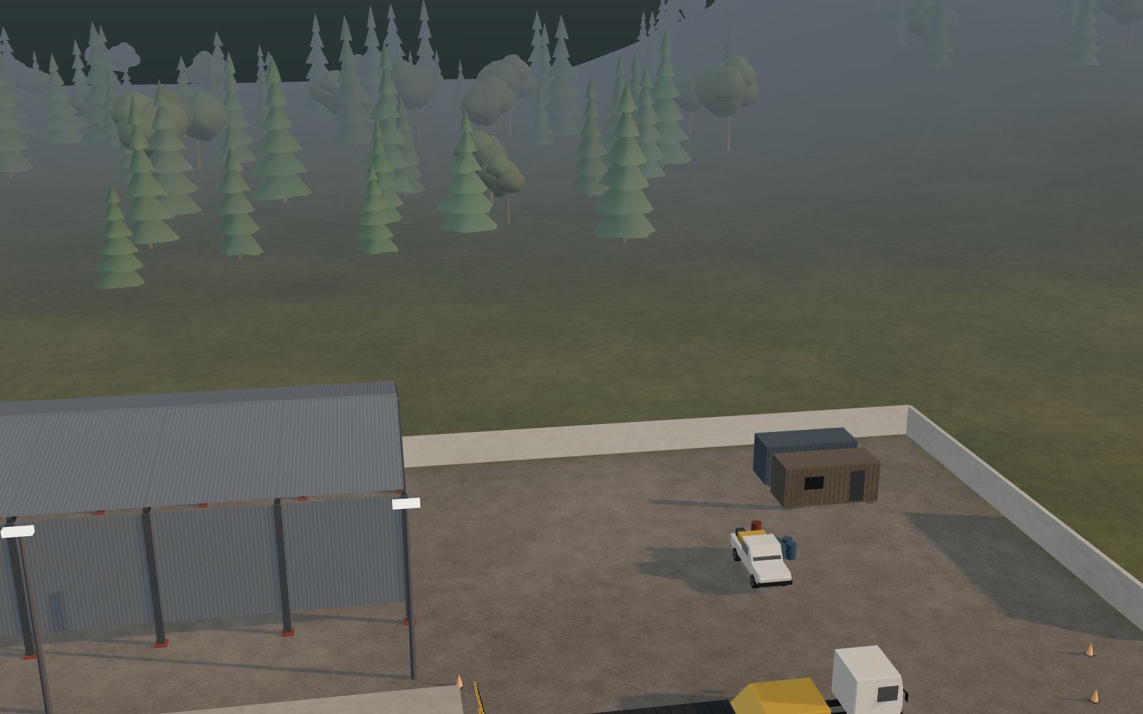 3D illustration of a construction equipment rental yard at dawn, with a workshop shed and vehicles at the foot of forested hills.