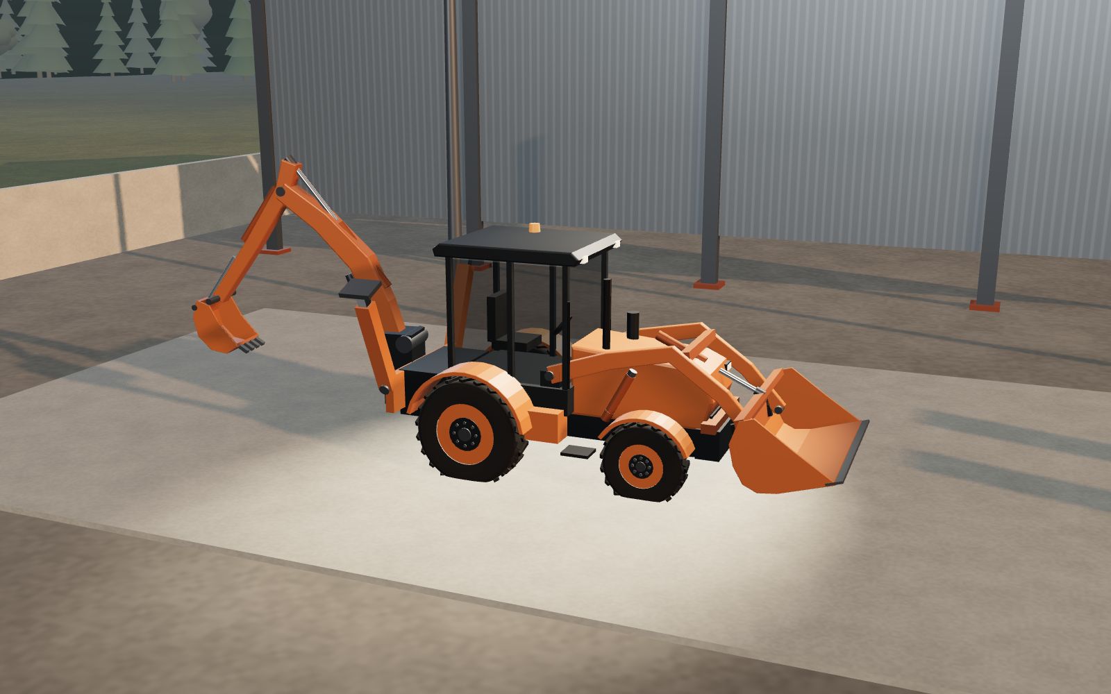 3D illustration of a backhoe loader under floodlights on the hardstand in front of the equipment workshop.