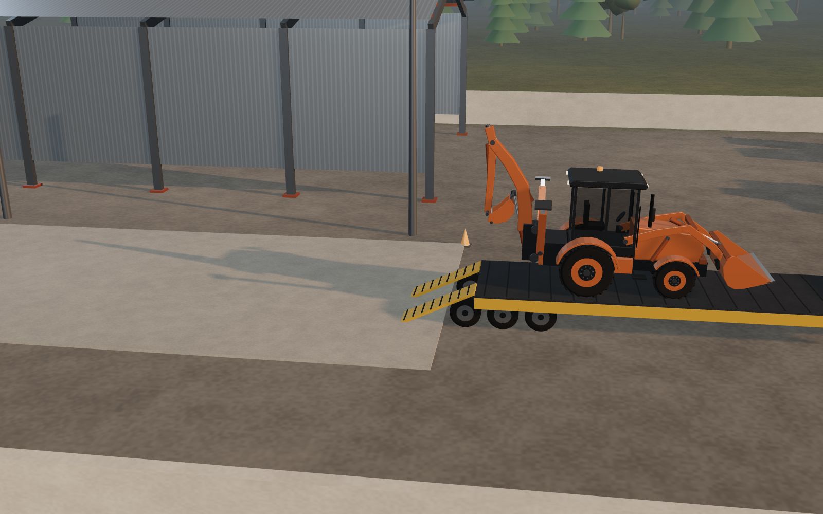 3D illustration of a backhoe loader driving up the ramps onto a low-bed trailer for transport to site.