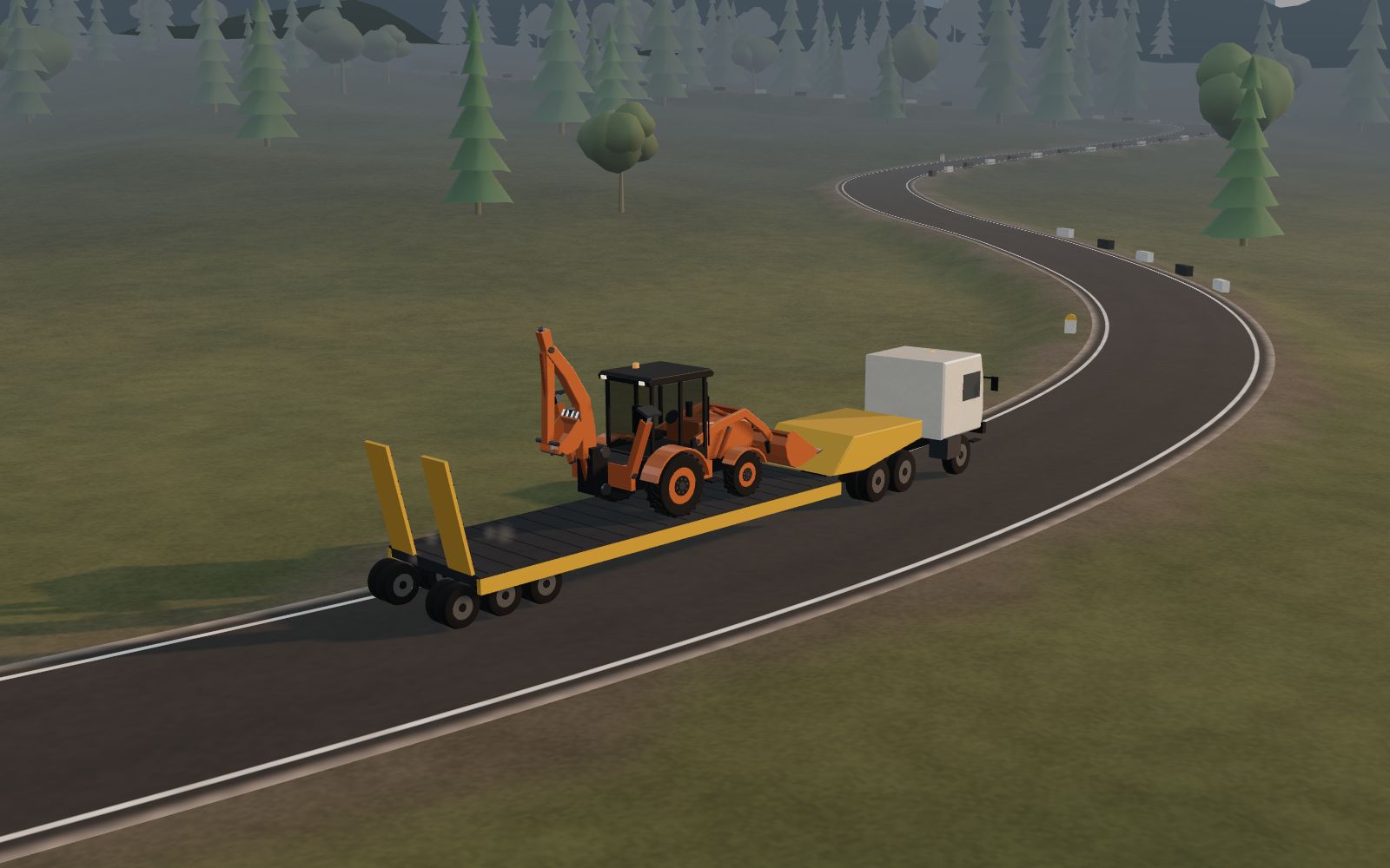 3D illustration of a low-bed trailer transporting a backhoe loader along a winding road towards the hills.