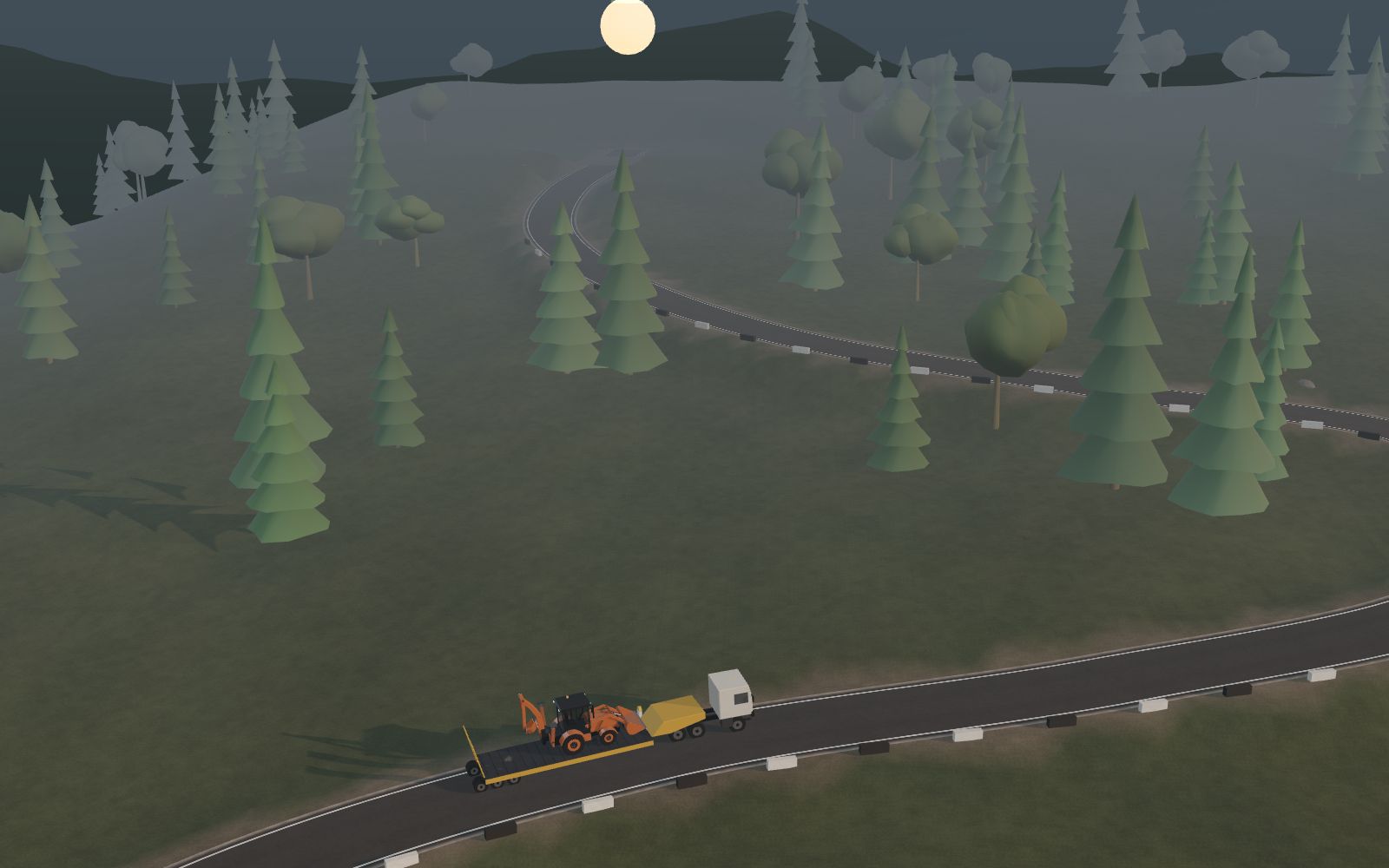 Aerial 3D illustration of a low-bed trailer carrying a backhoe loader along a forested hill road towards the project site.